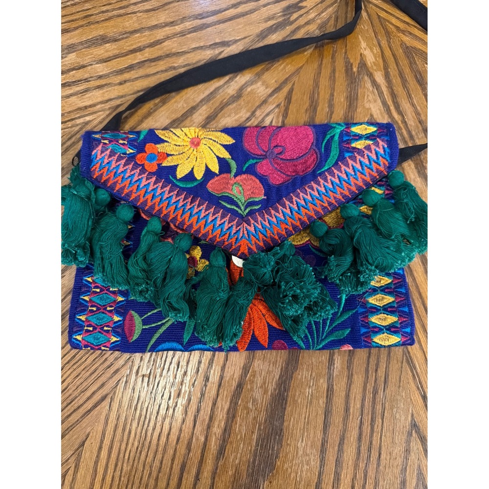 Mexican Floral Embroidered Crossbody Bag Blue Tassel Boho Folk Art Clutch Purse
